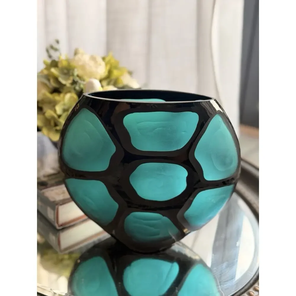 Vintage Murano Battuto Eclectic Glass Vase Turquoise Black Italian Art Glass